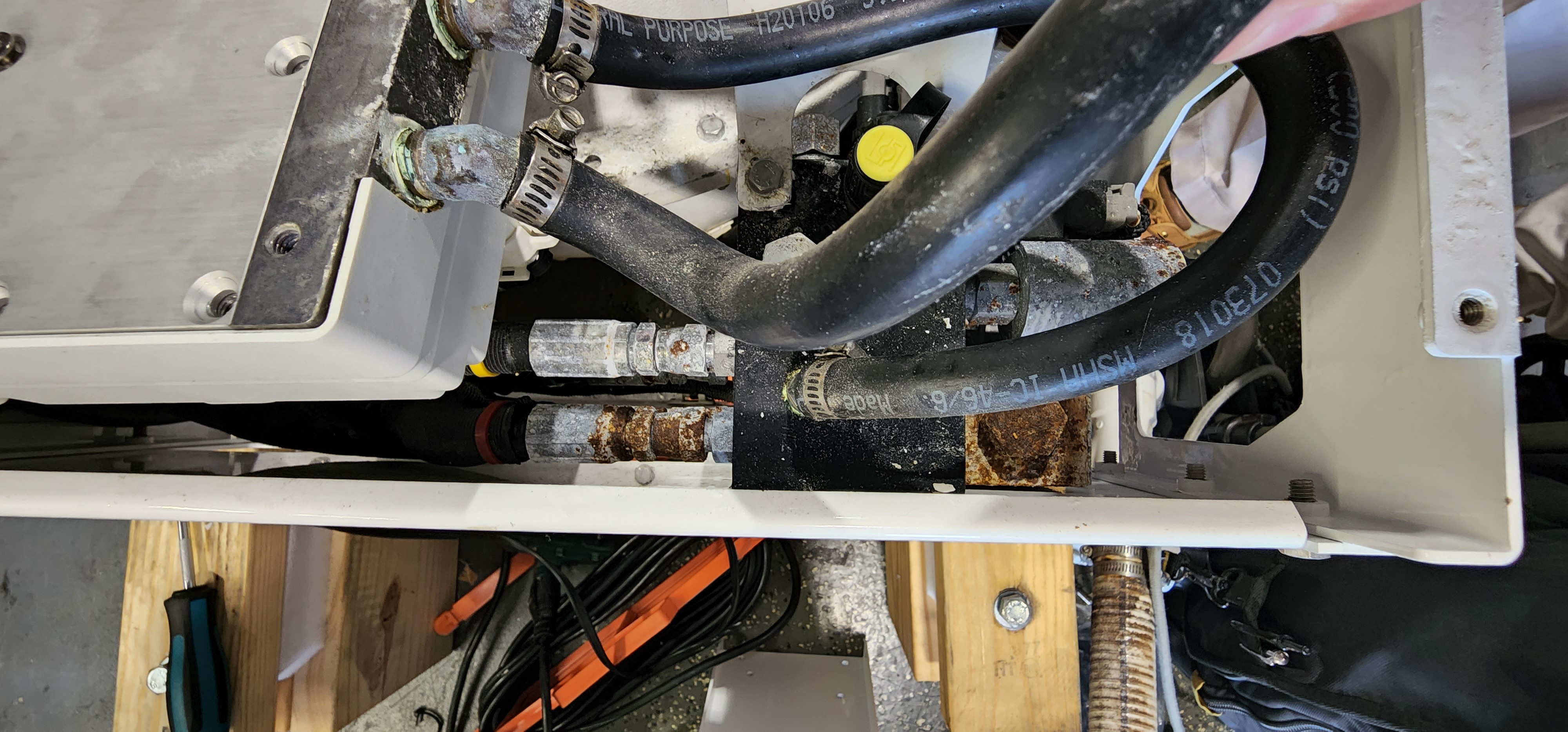 Seakeeper SK2 corroded pipe fittings — production-installed unit, Cobia 330 DC, 2022